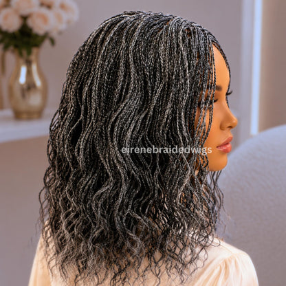Braided Wigs for Black Women – 14 Inch Curly Salt and Pepper Single Box Braids Wig – Lightweight Lace Closure Wig – product image 2