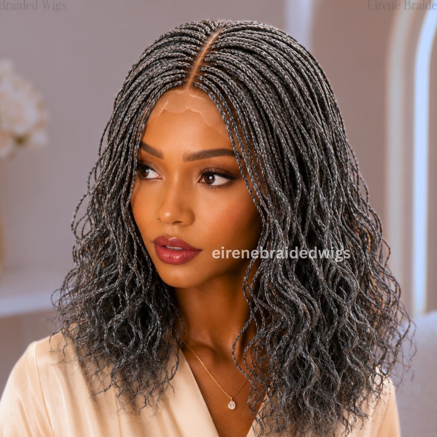 Braided Wigs for Black Women – 14 Inch Curly Salt and Pepper Single Box Braids Wig – Lightweight Lace Closure Wig – product image 6