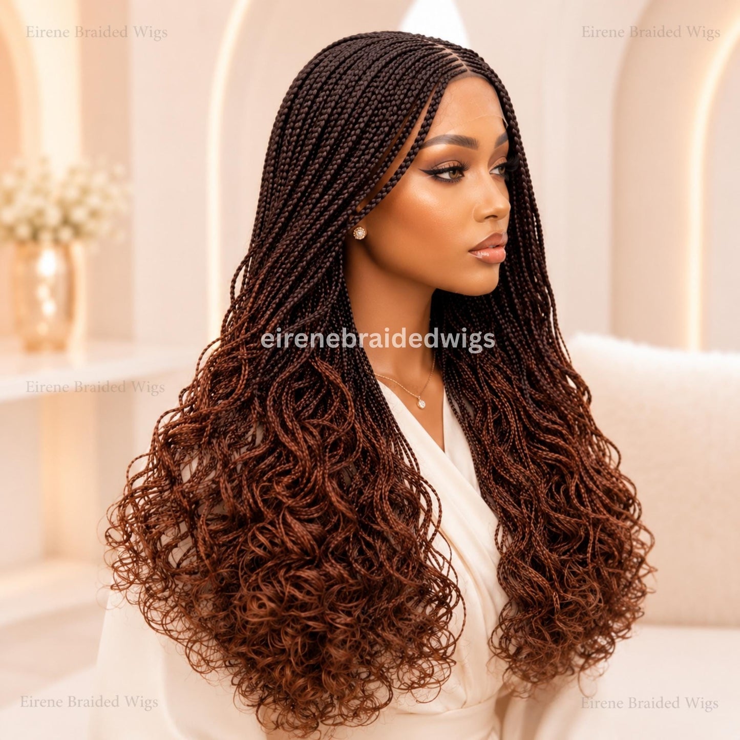 22inch Brown Ombre Curly Braided Wigs for Black Women – Handmade Single Braids Wig – Cornrow Weave – 2x4 Lace Closure – product image 3