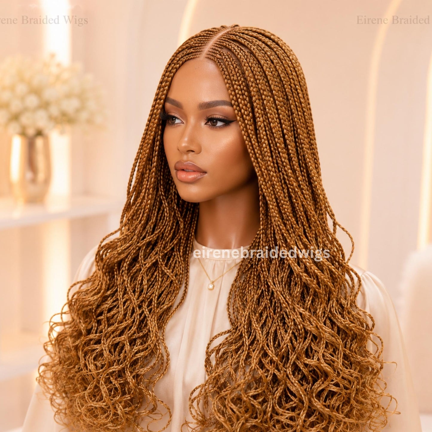 22inch Gold Curly Braided Wigs for Black Women – Handmade Single Braids Wig – Cornrow Weave – 2x4 Lace Closure – product image 2