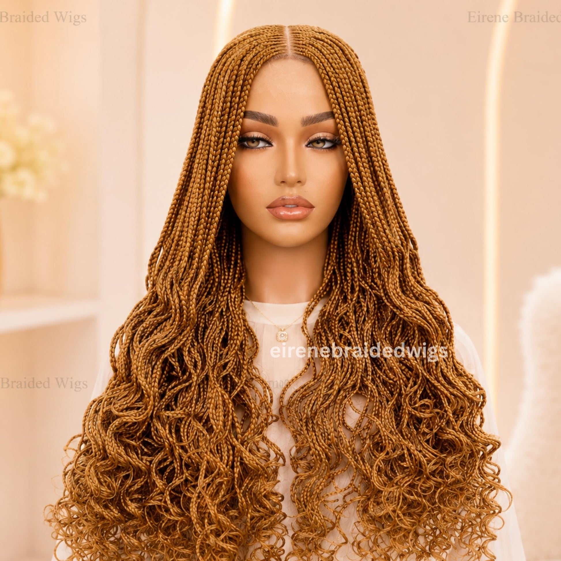 22inch Gold Curly Braided Wigs for Black Women – Handmade Single Braids Wig – Cornrow Weave – 2x4 Lace Closure – product image 3