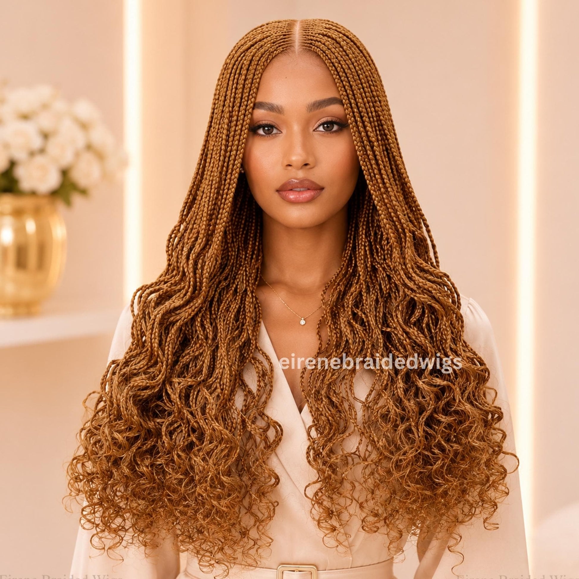 22inch Gold Curly Braided Wigs for Black Women – Handmade Single Braids Wig – Cornrow Weave – 2x4 Lace Closure – product image 1