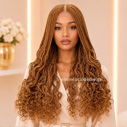 22inch Gold Curly Braided Wigs for Black Women – Handmade Single Braids Wig – Cornrow Weave – 2x4 Lace Closure – product image 1