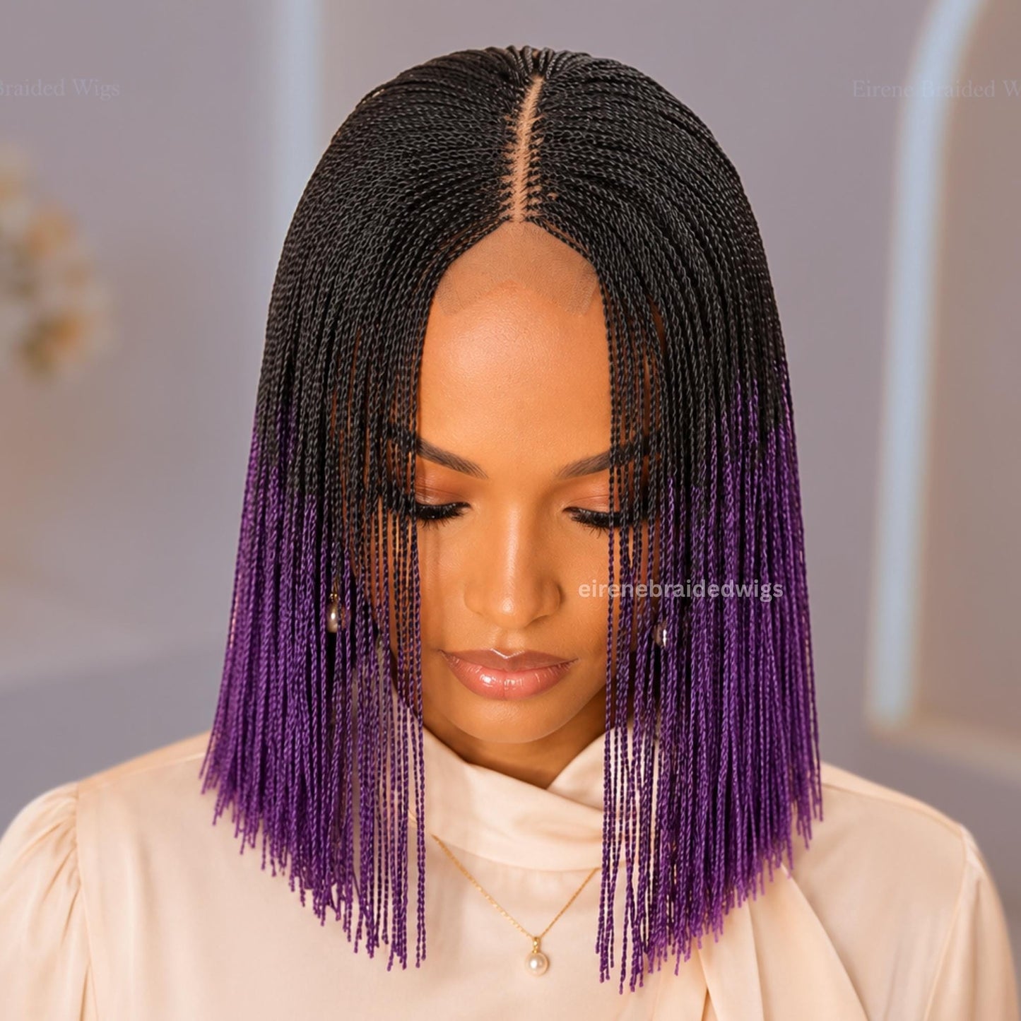Braided Wigs for Black Women Short Bob Braided Micro Twist Wig – Human Hair Lace Closure – Red Black Purple – product image 3