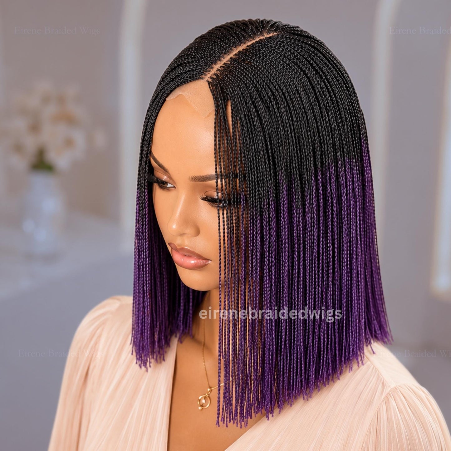 Braided Wigs for Black Women Short Bob Braided Micro Twist Wig – Human Hair Lace Closure – Red Black Purple – product image 2