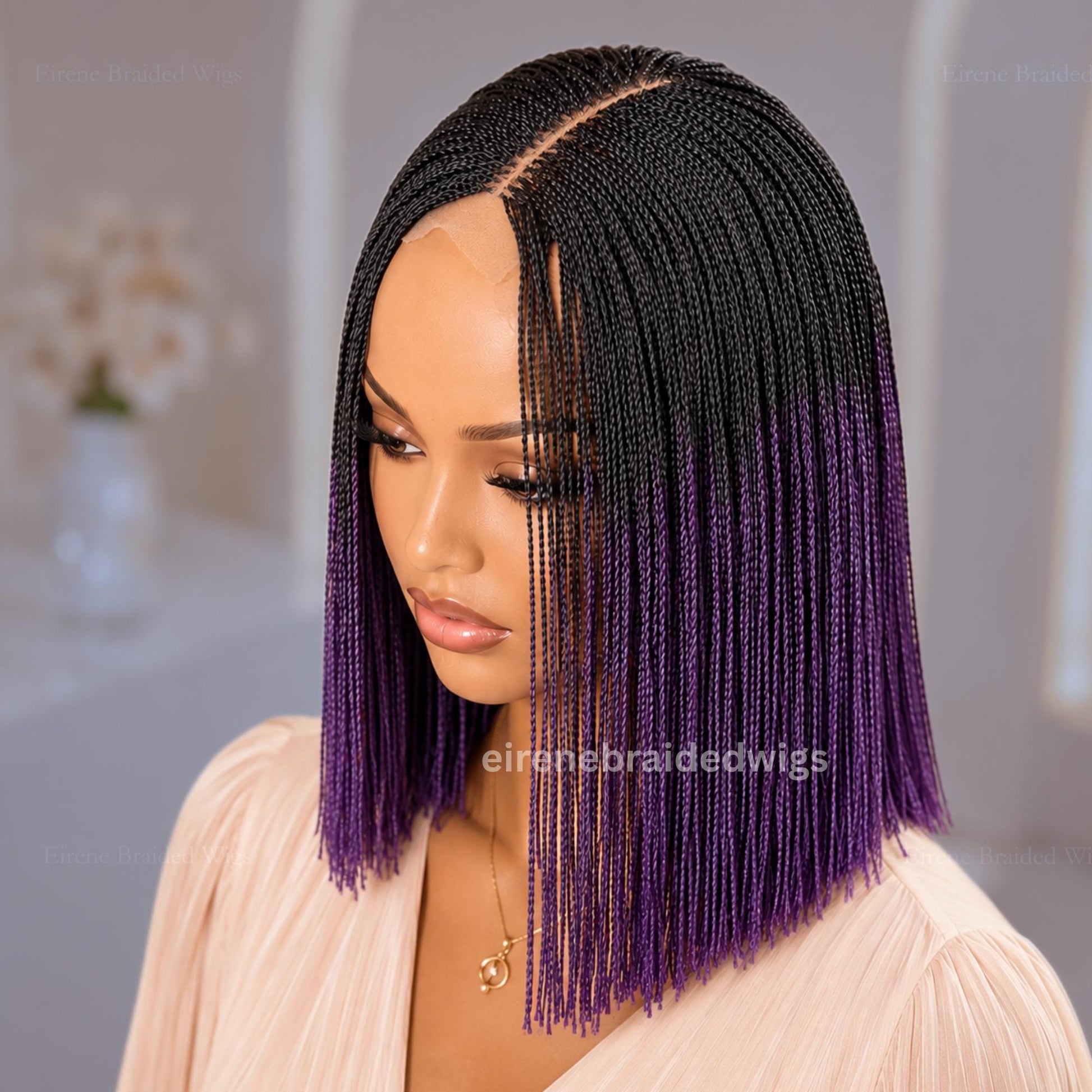 Braided Wigs for Black Women Short Bob Braided Micro Twist Wig – Human Hair Lace Closure – Red Black Purple – product image 2