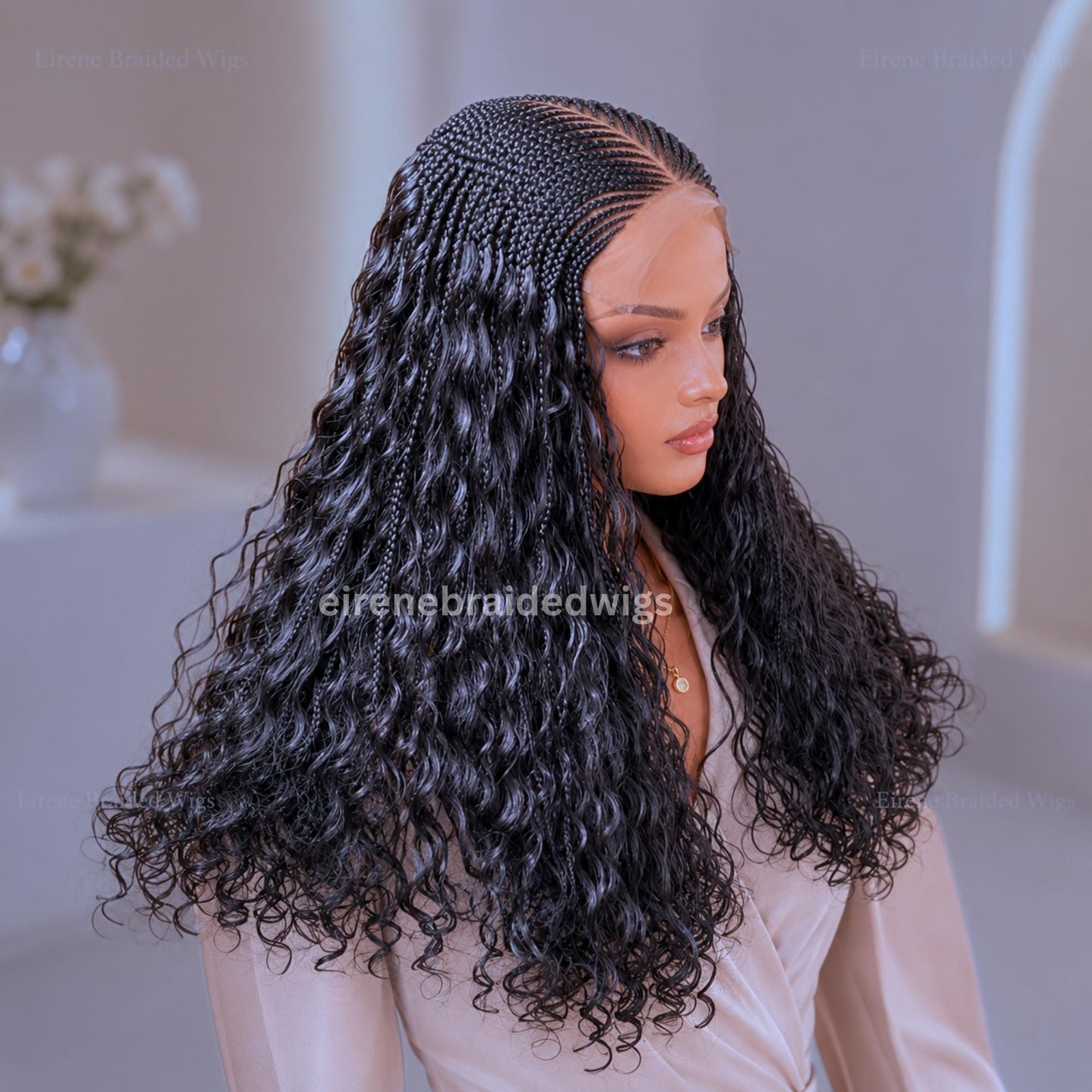 Curly Boho Cornrow Braids Wig for Black Women – 18 inches Curly Wavy Black Lace Frontal Wig – product image 1