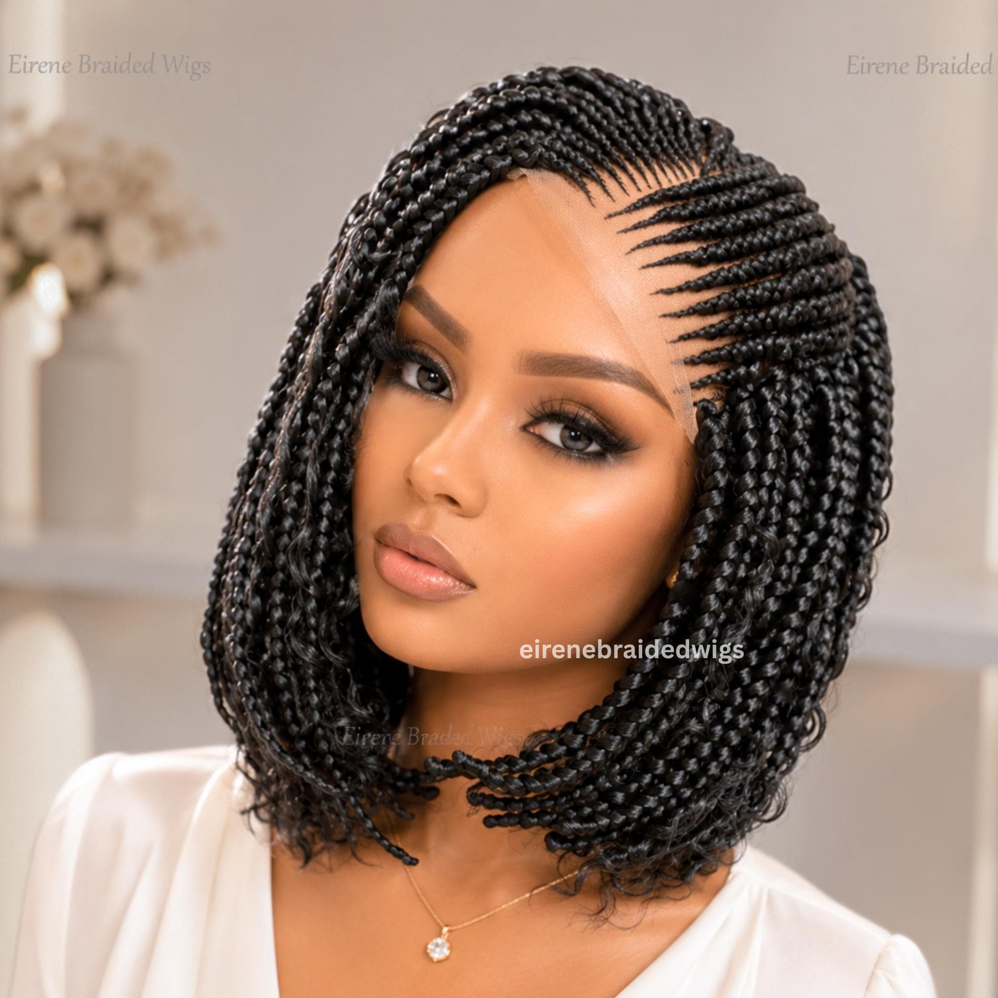 Boho Bob Braided Wigs for Black Women – Black 14-Inch Lace Frontal Curly Cornrow Box Braids – product image 1