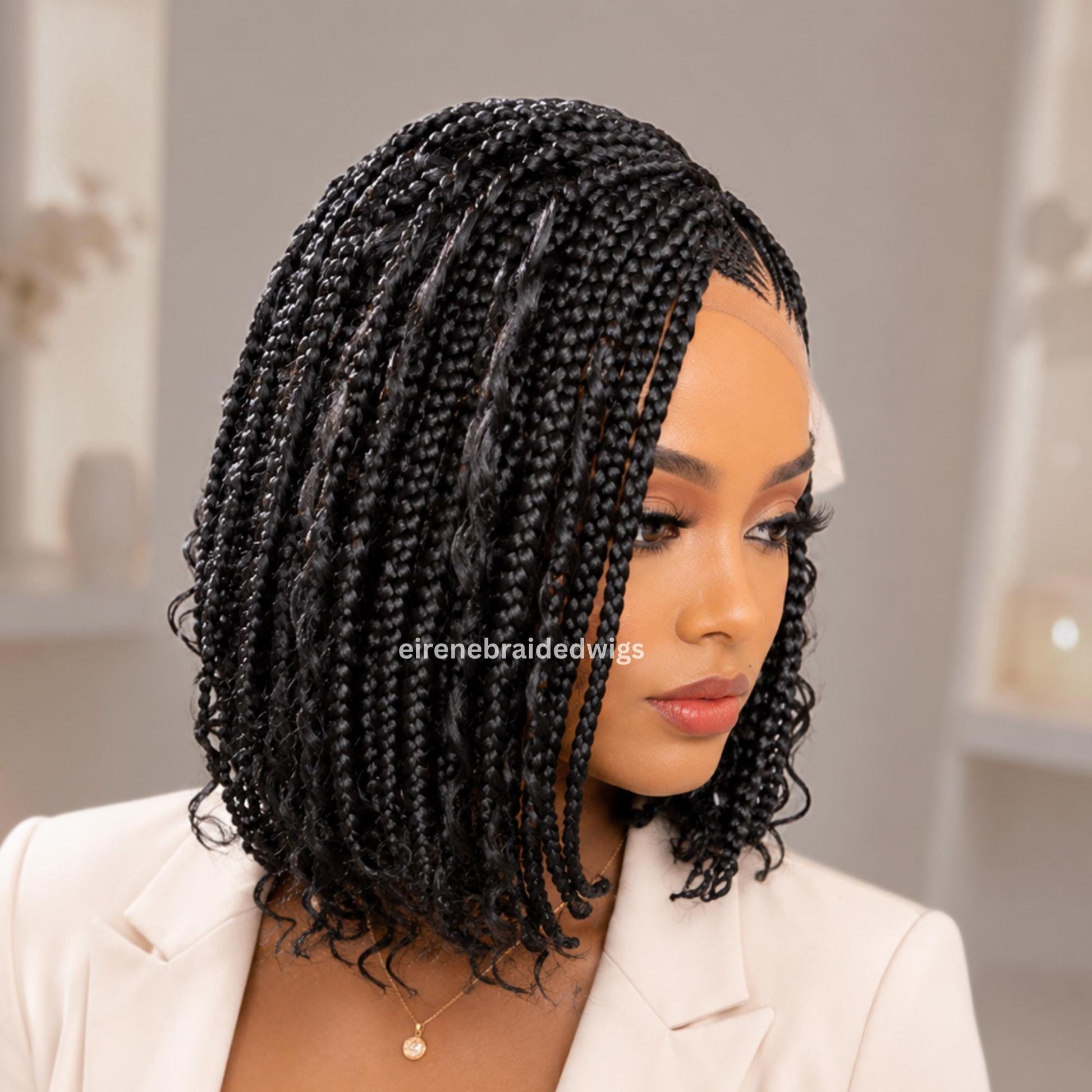 Boho Bob Braided Wigs for Black Women – Black 14-Inch Lace Frontal Curly Cornrow Box Braids – product image 3