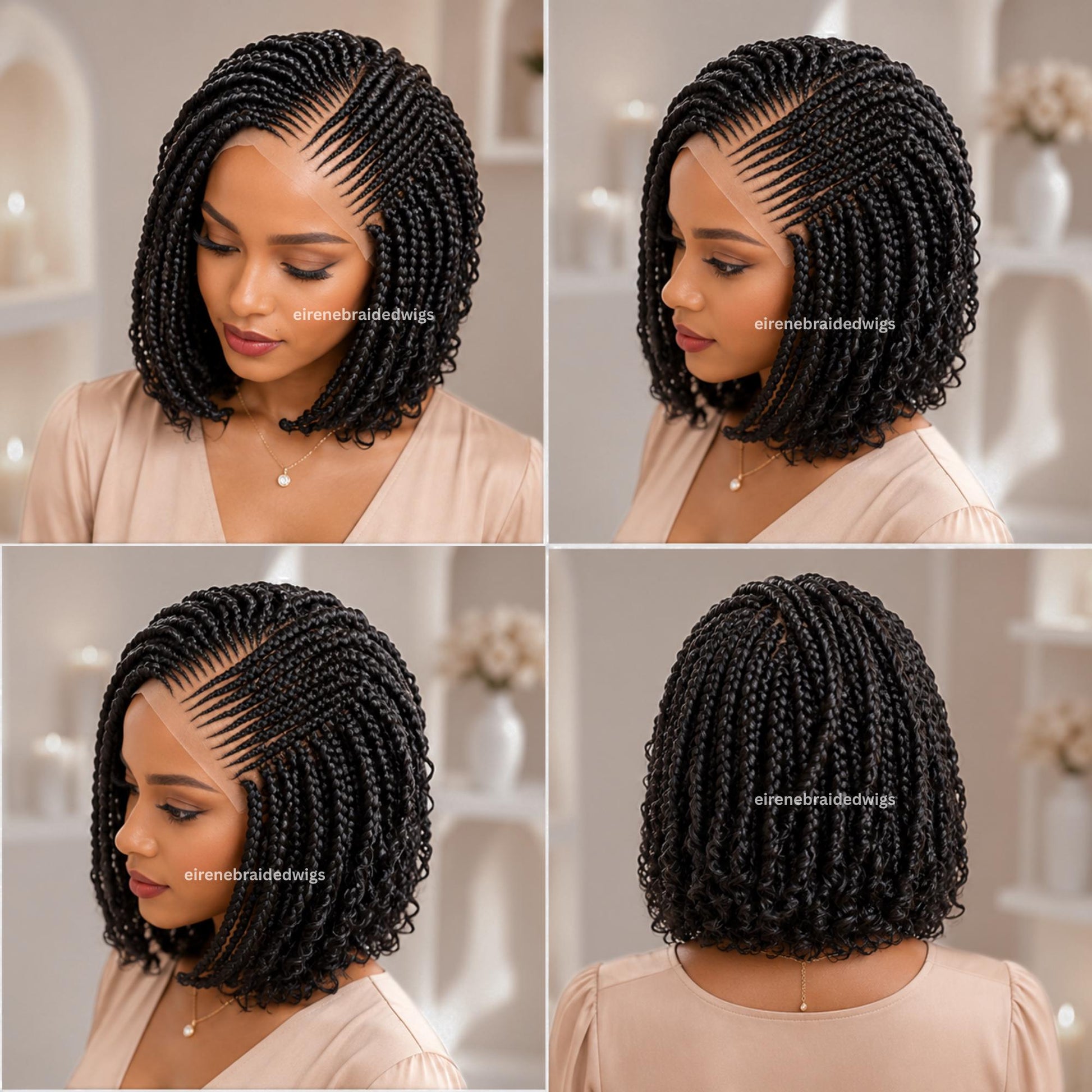Boho Bob Braided Wigs for Black Women – Black 14-Inch Lace Frontal Curly Cornrow Box Braids – product image 6