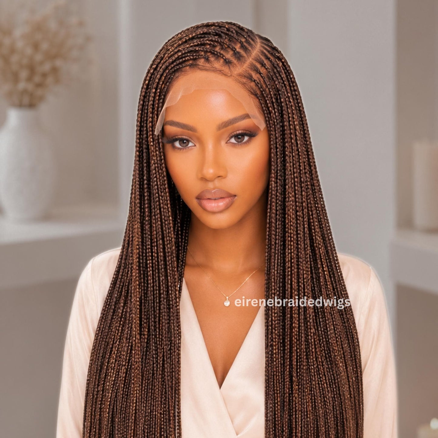 Braided Wigs for Black Women – Bone Straight Black/Brown Ombre Knotless C-curve Single Box Braids Wig with Baby Hair – Lace frontal – product image 3