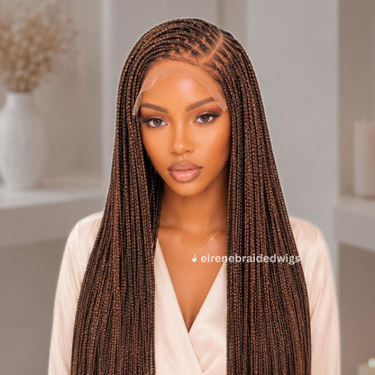 Braided Wigs for Black Women – Bone Straight Black/Brown Ombre Knotless C-curve Single Box Braids Wig with Baby Hair – Lace frontal – product image 3