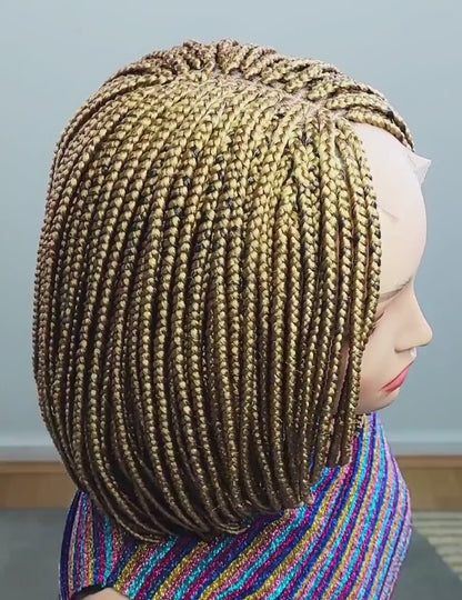 Short Bob Braid Wig, Black Women Shoulder-Length Human Hair Closure Single Box Braids, Gold Centre-Part Wig