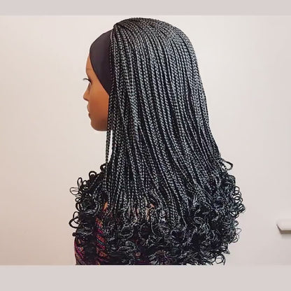 Braided Wigs For Black Women Black Braided Headband Wig: Boho Box Braid, Curly Ends