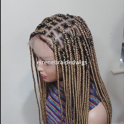 Knotless box braided wig, Gold african single braids, 26inches full lace human hair wig