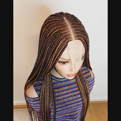 26in Braided Wig For Black Women, Long Tribal Conrow Weave, Brown Gold African Goddess dreadlocs, Lace Front Boho Crochet Knotless Box Braid