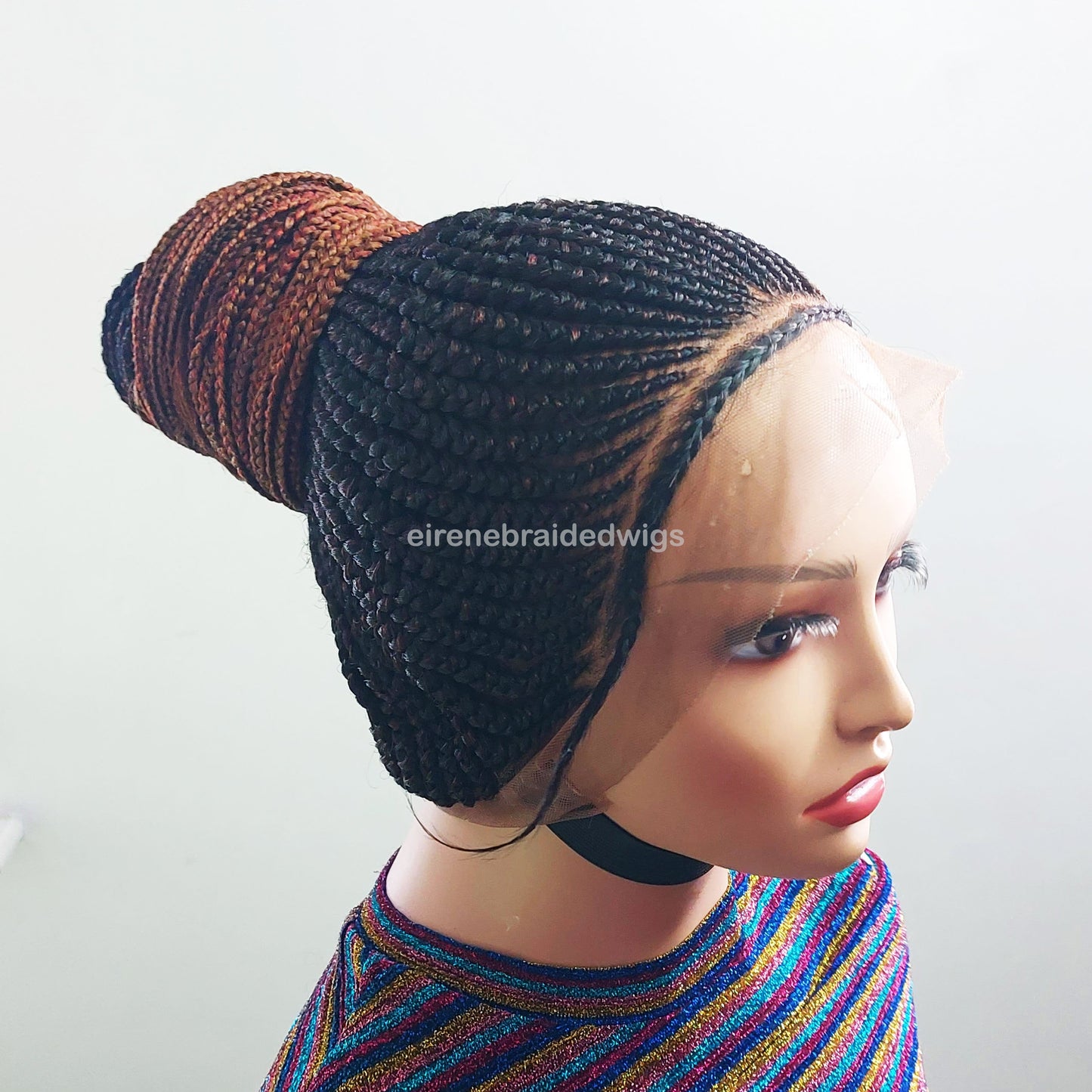 Fulani Conrow Updo Braided Wig, Full Lace High Bun Ponytail Braids Wig