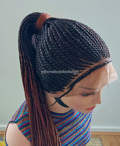 Fulani Conrow Updo Braided Wig, Full Lace High Bun Ponytail Braids Wig